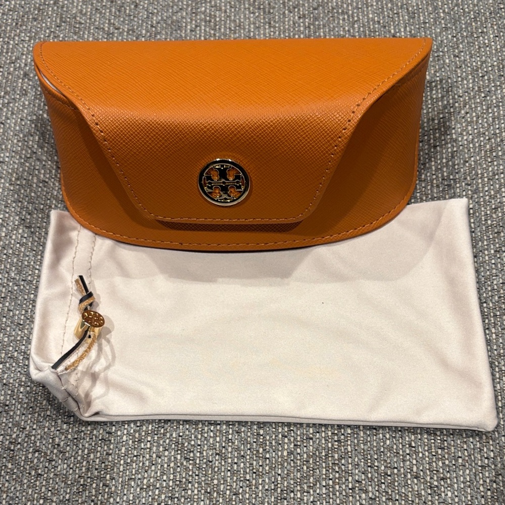 Tory Burch Orange Leather Sunglasses Case with Logo Medallion